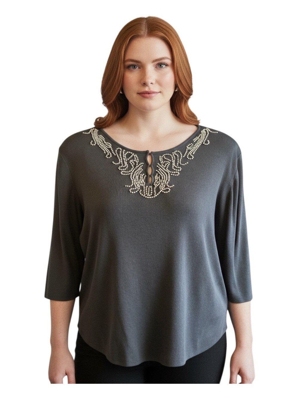 Joseph A Plus Size Beaded Keyhole 3/4 Sleeve Tunic - Charcoal